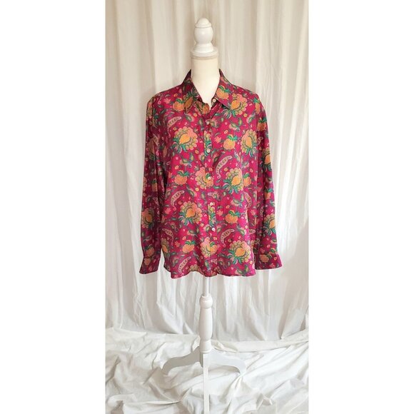 Lauren Ralph Lauren 100% Silk Womens 2XL Pink Green Paisley Button Up Shirt Art - Picture 1 of 13